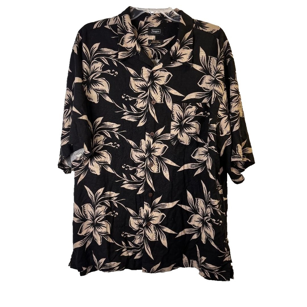 Haggar Hawaiian Shirt 100% Silk Black Short Sleeve Men's Size XXL